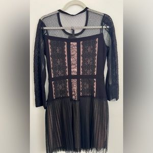 Black long sleeve tulle and lace mini dress